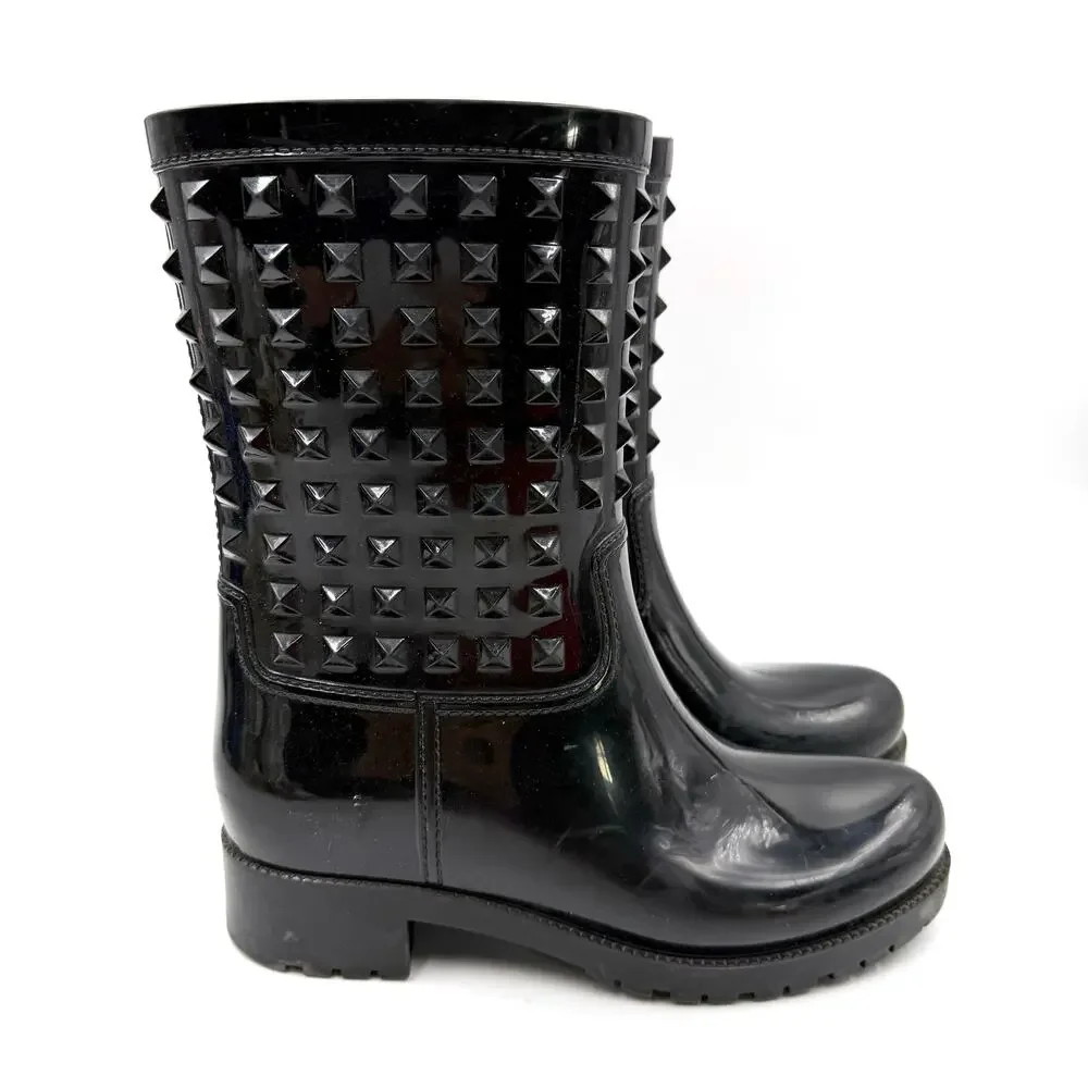 Valentino Rockstud Rainboots‎ Black Mid Calf Rubber Waterproof Sz 37 / 7 Women's